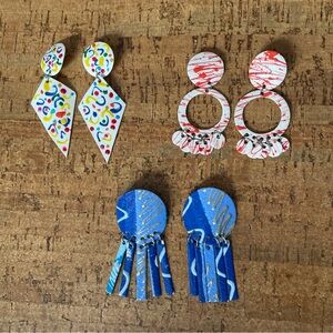 VTG 80s Clip On Statement Earrings Puff Paint Costume Jewelry 80s-90s - Set Of 3